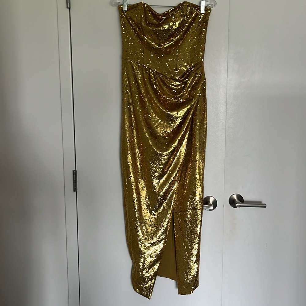 Asymmetrical Sequin Strapless Gown in Gold Size 8